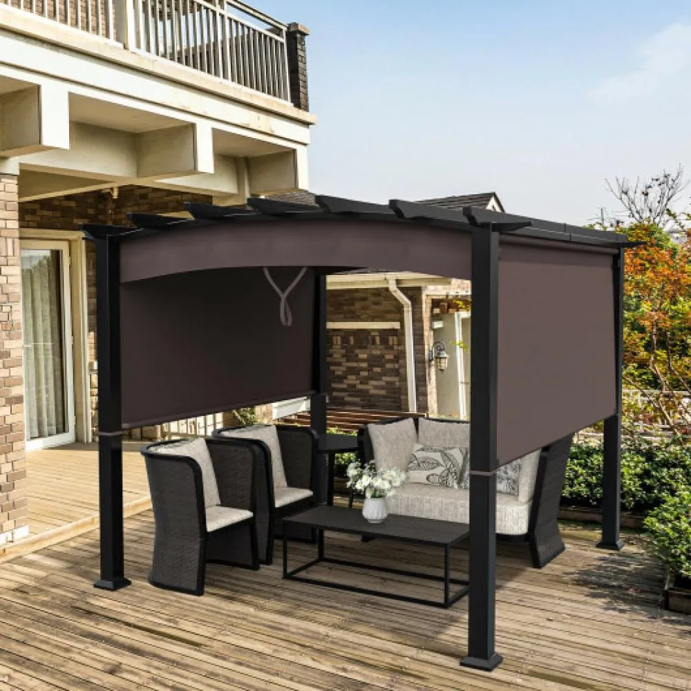 10 x 10 Feet Outdoor Retractable Pergola with Adjustable Sliding Sun Shade Canopy-Brown