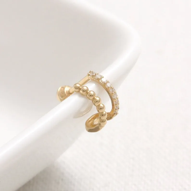 14K 18K Solid Gold Lab Grown Diamond Pave Wire & Tiny Ball Ear Hoop Stud Cartilage Tragus Helix Conch Lobe Piercing Earring