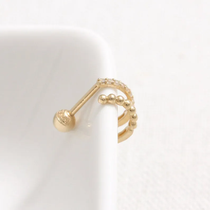 14K 18K Solid Gold Lab Grown Diamond Pave Wire & Tiny Ball Ear Hoop Stud Cartilage Tragus Helix Conch Lobe Piercing Earring