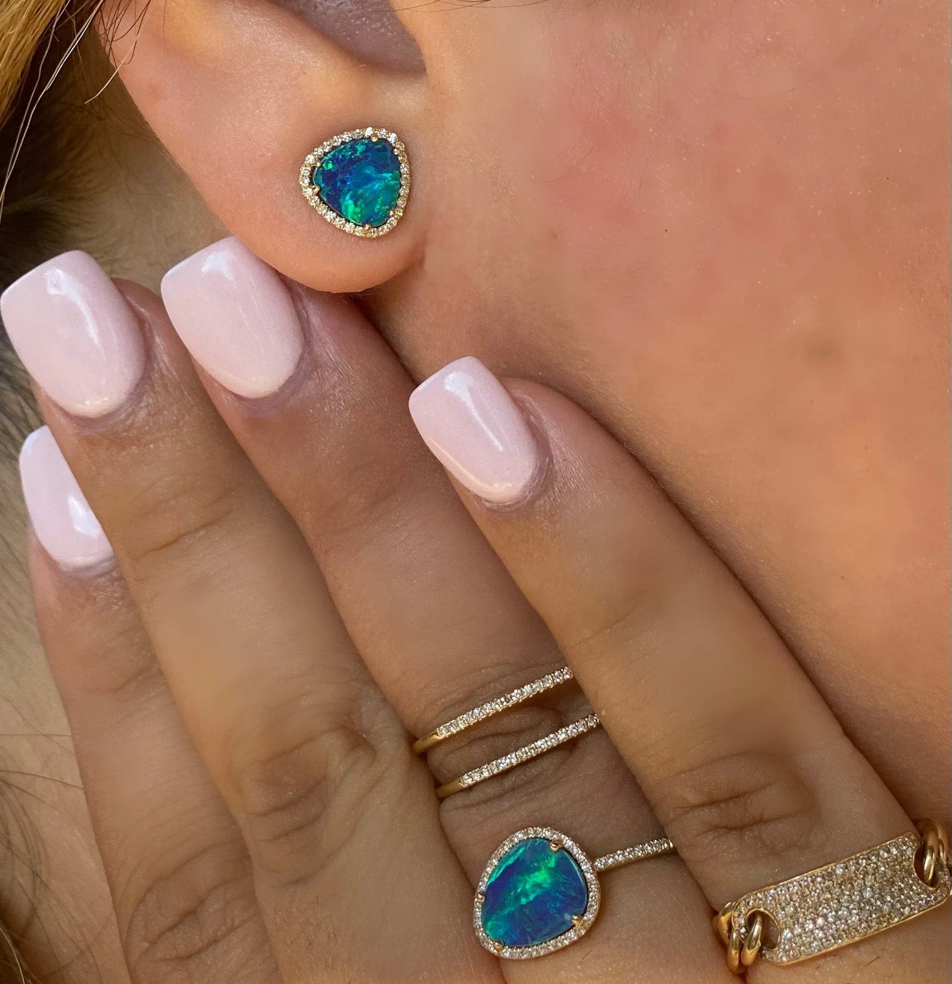 14K Gold Organic Opal and Diamond Stud Earrings