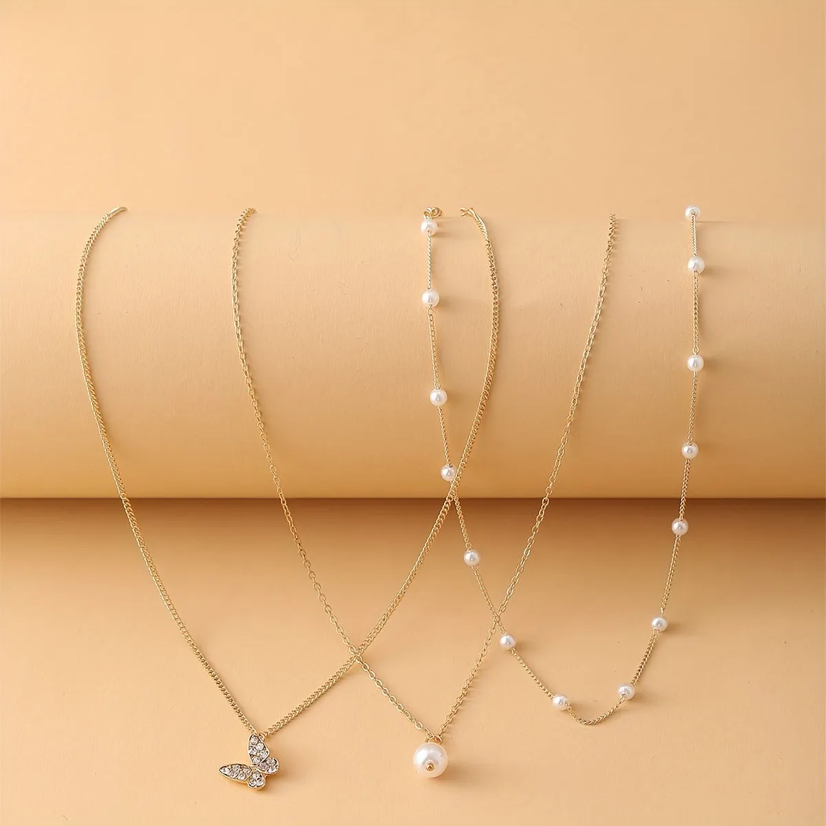 3pcs Faux Pearl Butterfly Necklace For Women Leisure Decor Jewelry