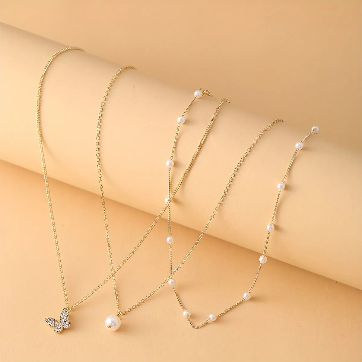 3pcs Faux Pearl Butterfly Necklace For Women Leisure Decor Jewelry