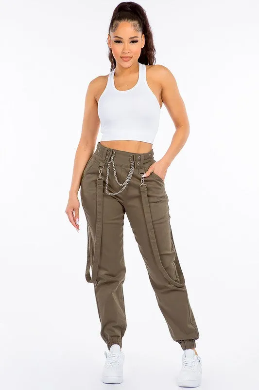 AMERICAN BAZI High Waist Skinny Jogger Pants with Suspenders