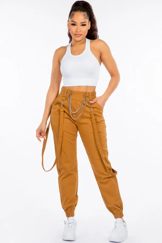 AMERICAN BAZI High Waist Skinny Jogger Pants with Suspenders