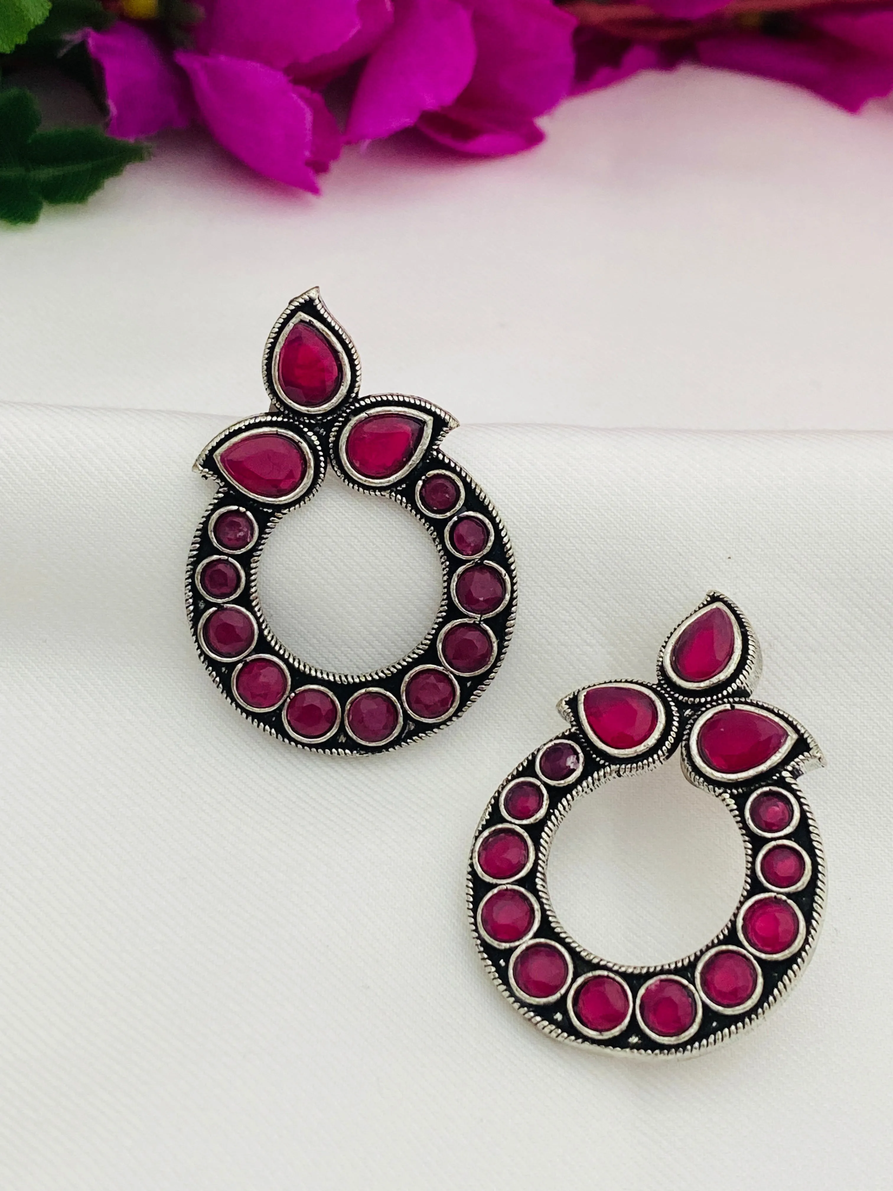 Attractive Ruby Stone Rounded Design Silver Oxidized Earring For Women