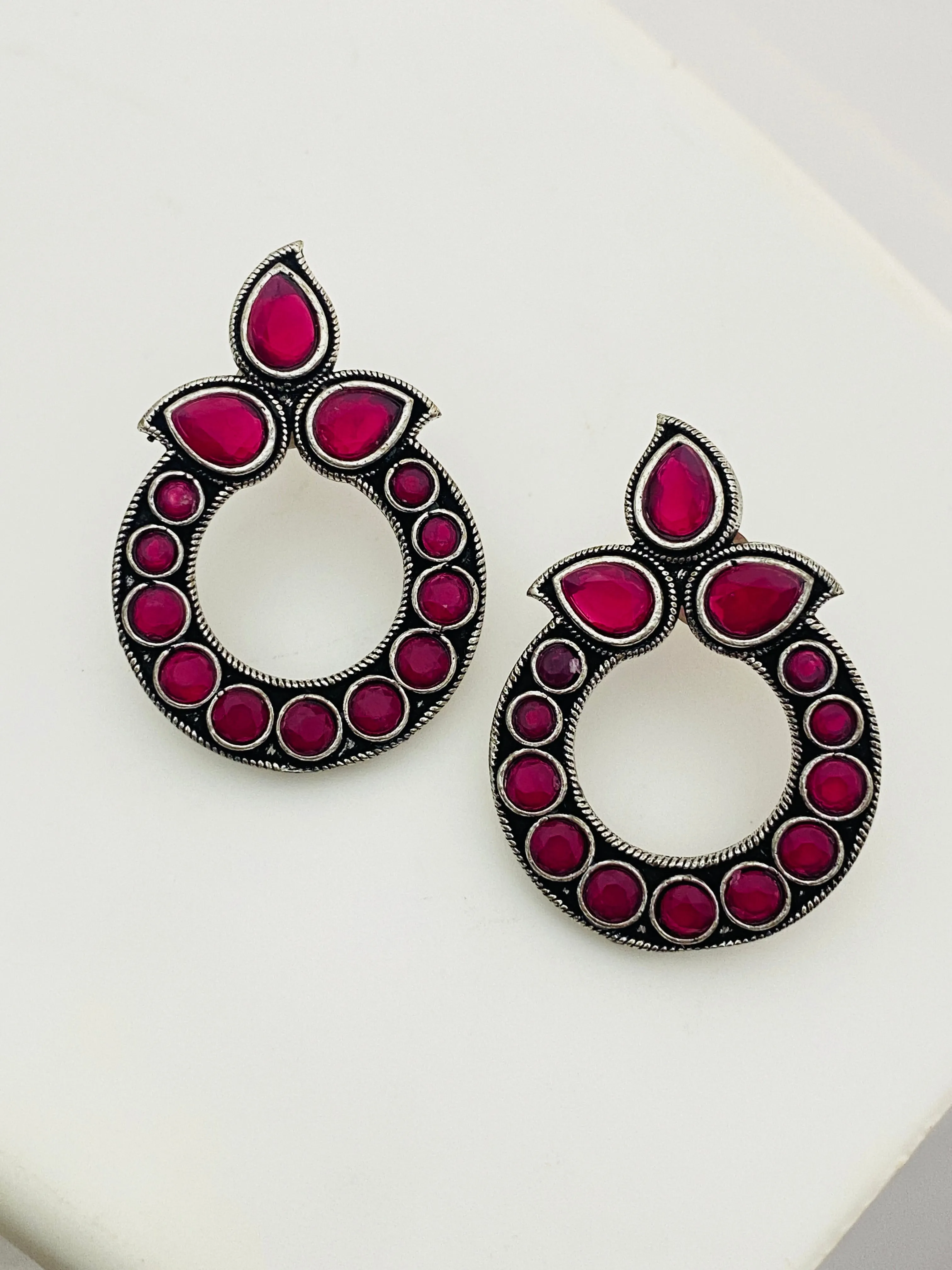 Attractive Ruby Stone Rounded Design Silver Oxidized Earring For Women