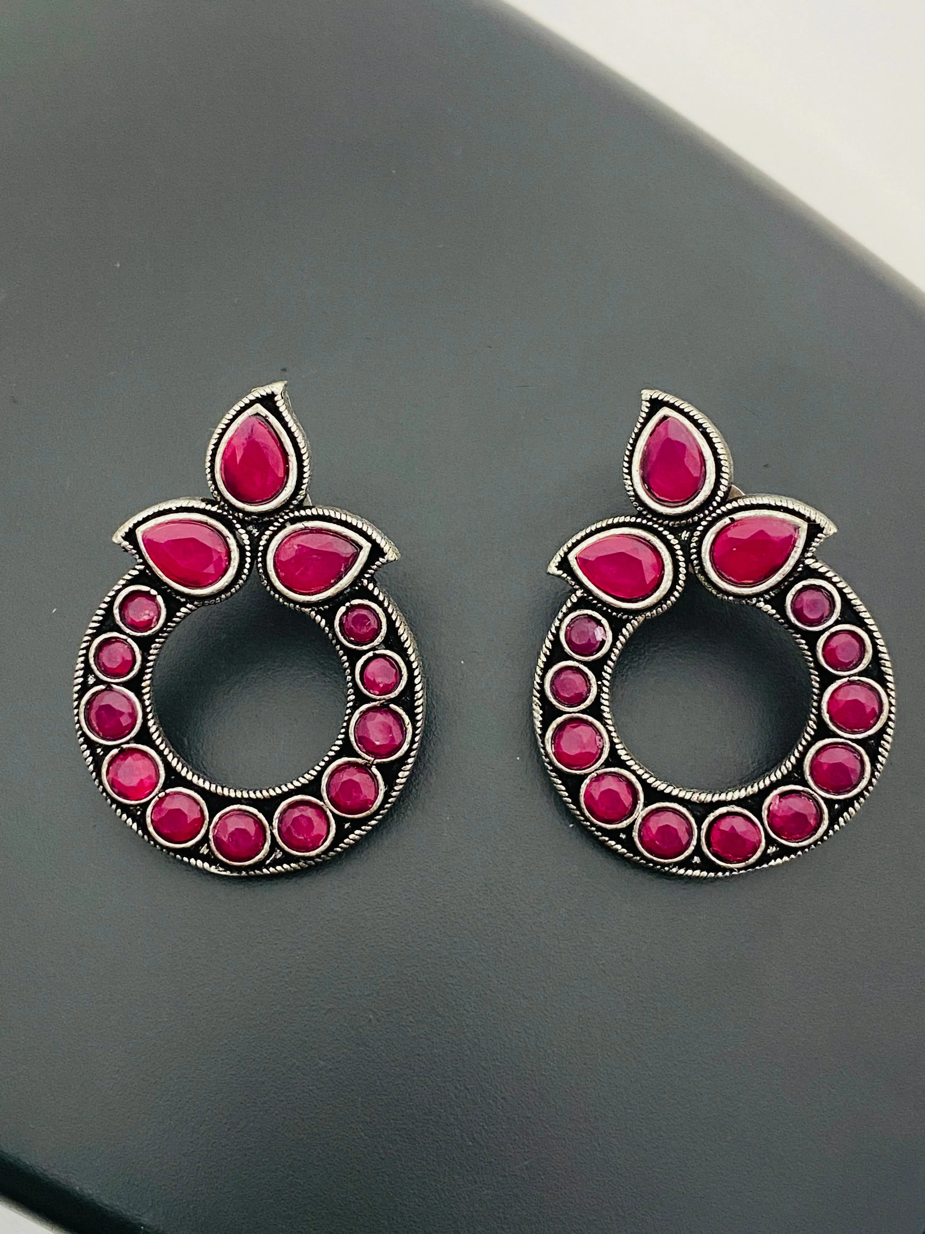 Attractive Ruby Stone Rounded Design Silver Oxidized Earring For Women