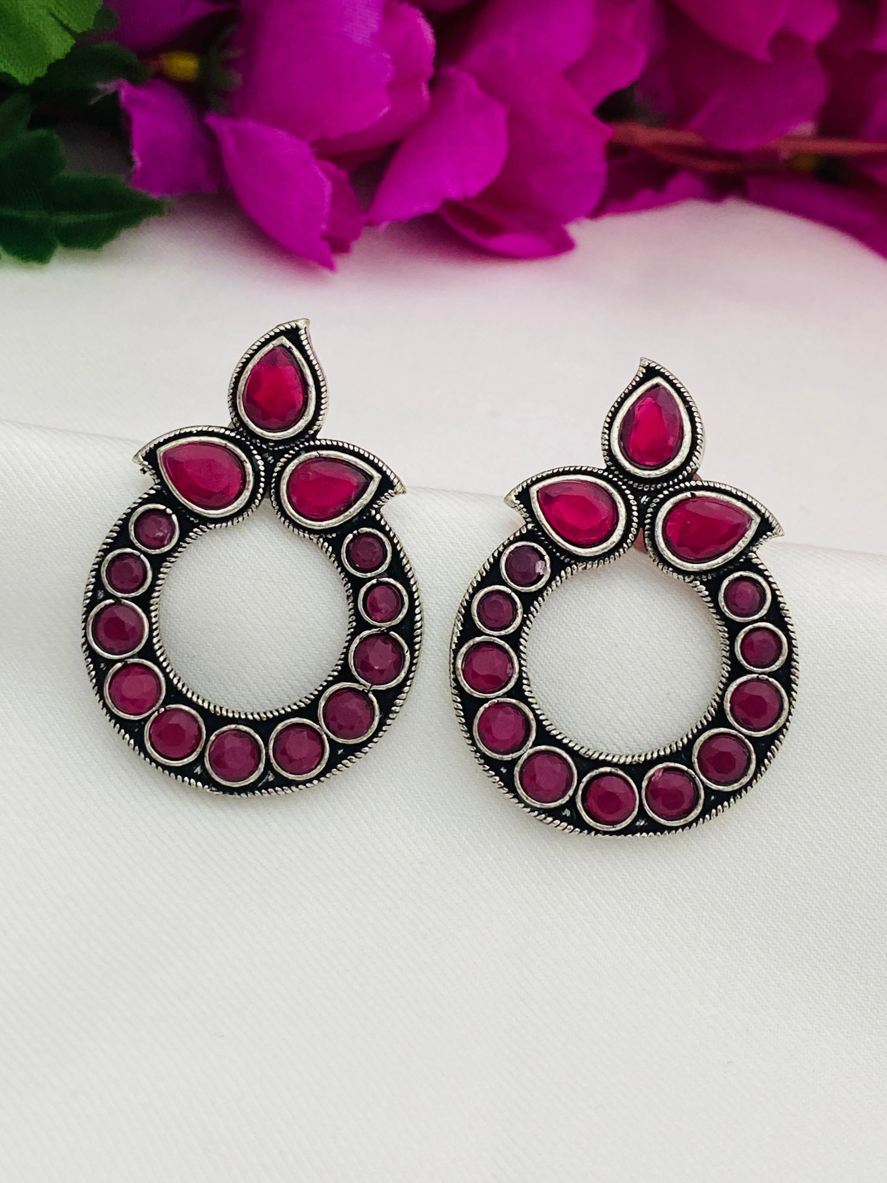 Attractive Ruby Stone Rounded Design Silver Oxidized Earring For Women