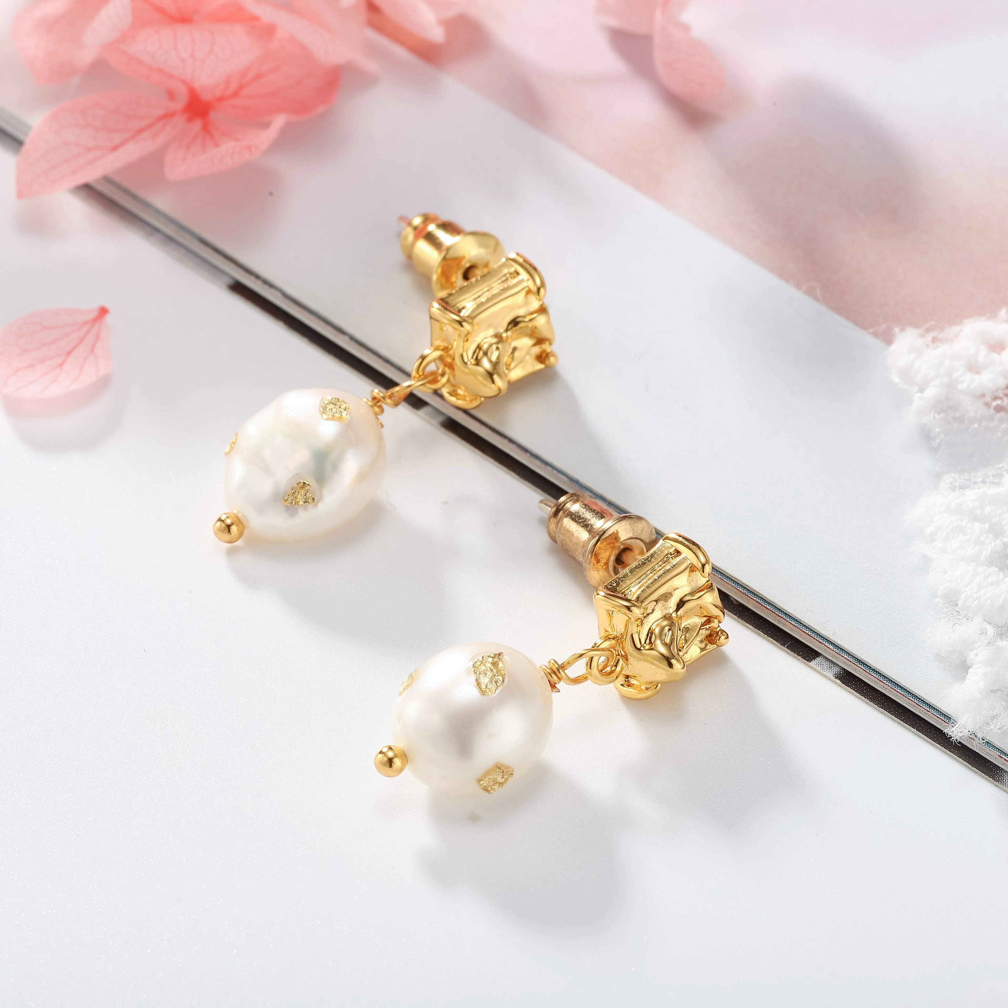 Baroque Gold Foil Pearl Stud Earrings