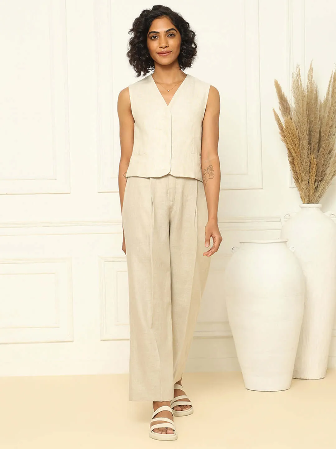 Beige Linen Waistcoat & Trousers