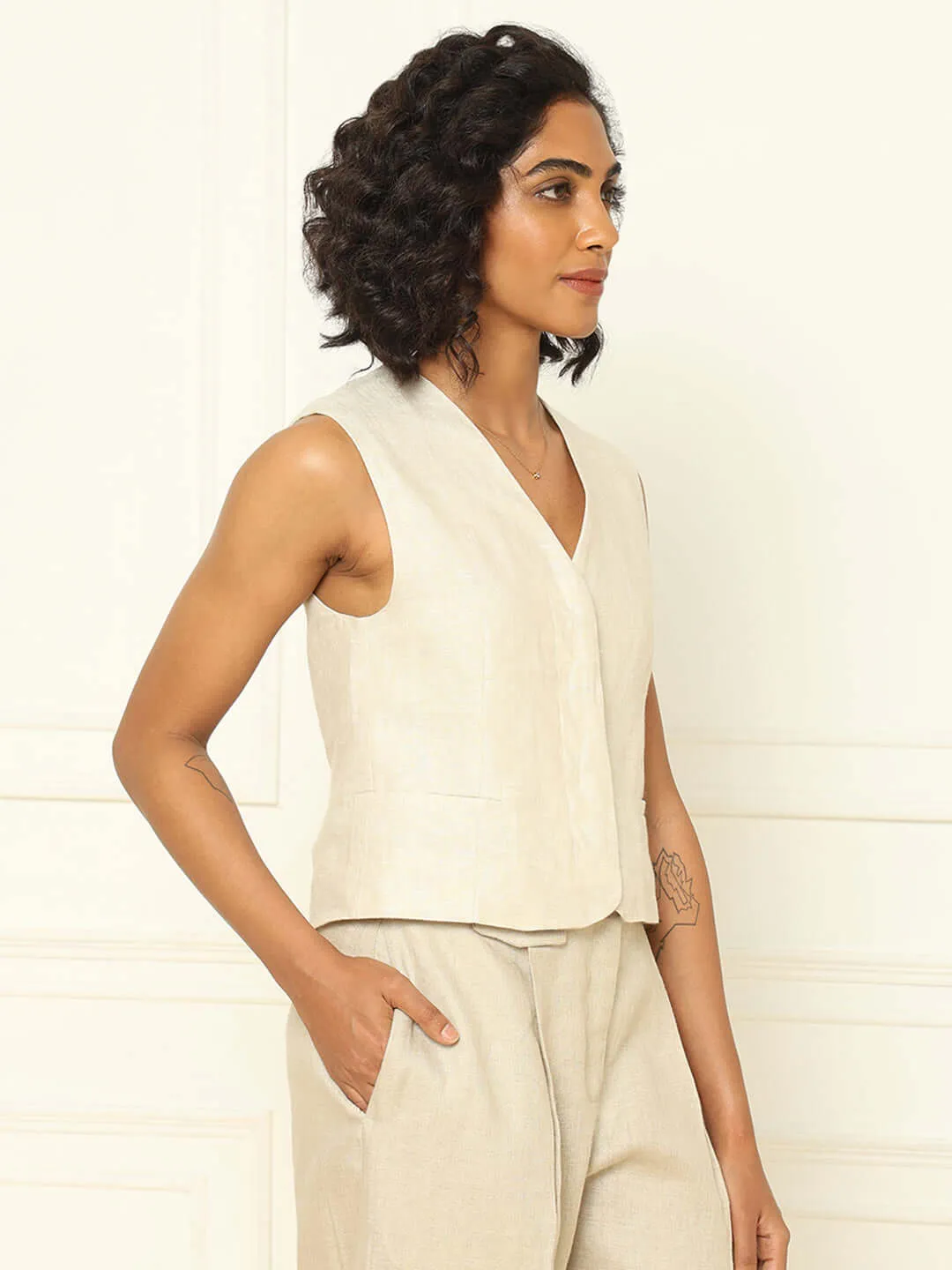 Beige Linen Waistcoat & Trousers