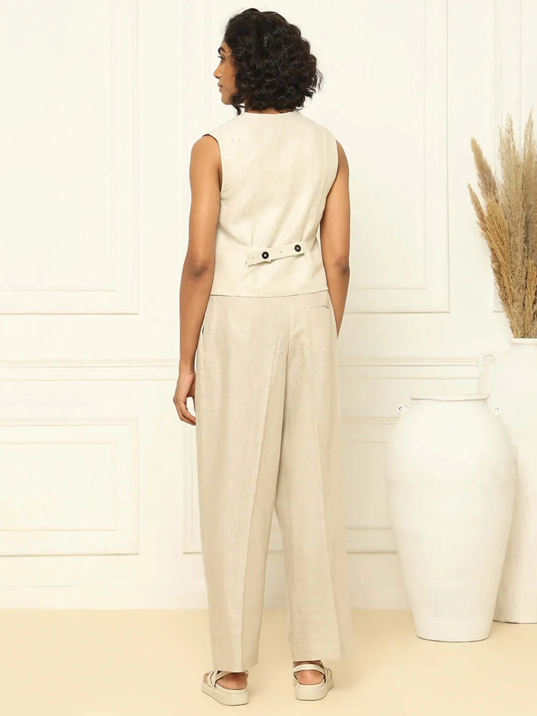 Beige Linen Waistcoat & Trousers