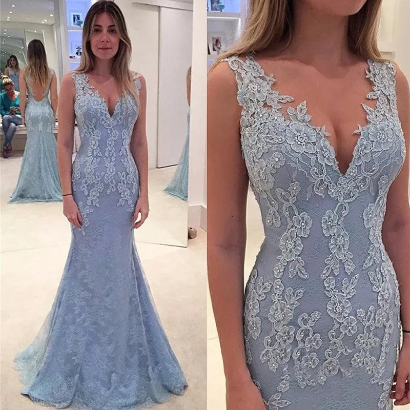 Blue V-Neck Backless Mermaid Wedding Dresses with Lace, WD23022622