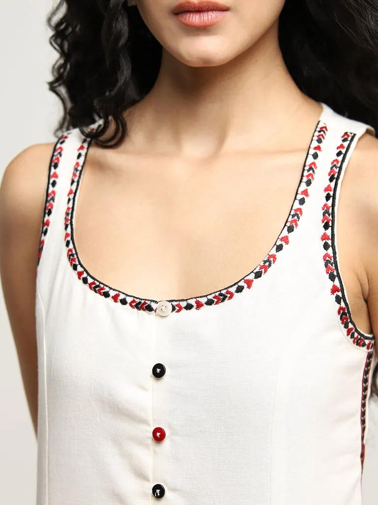 Bombay Paisley Ivory Printed Waistcoat-Style Cotton Top