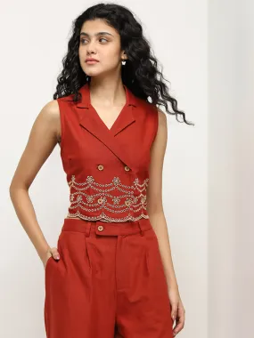 Bombay Paisley Red Schiffli Waistcoat-Style Cotton Top