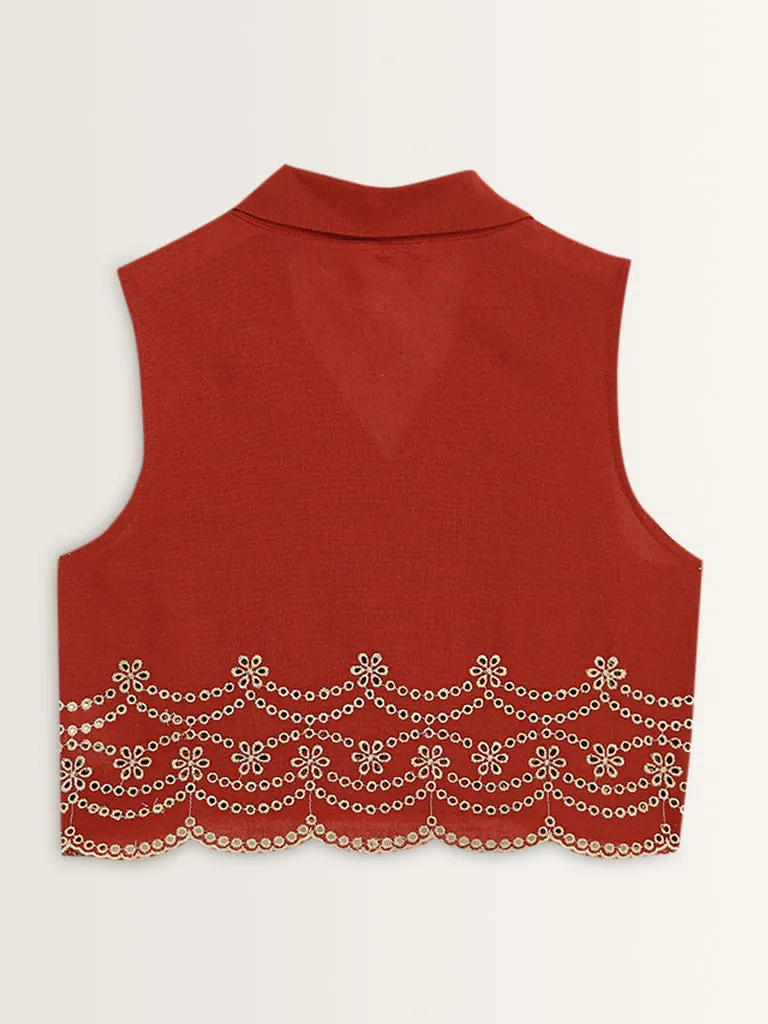 Bombay Paisley Red Schiffli Waistcoat-Style Cotton Top