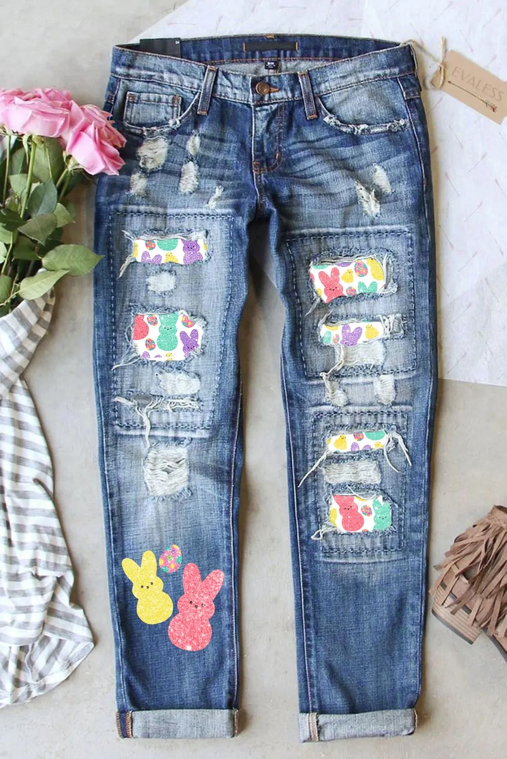 Bunny Rabbit Print Denim Pants Distressed Skinny Jeans for Women