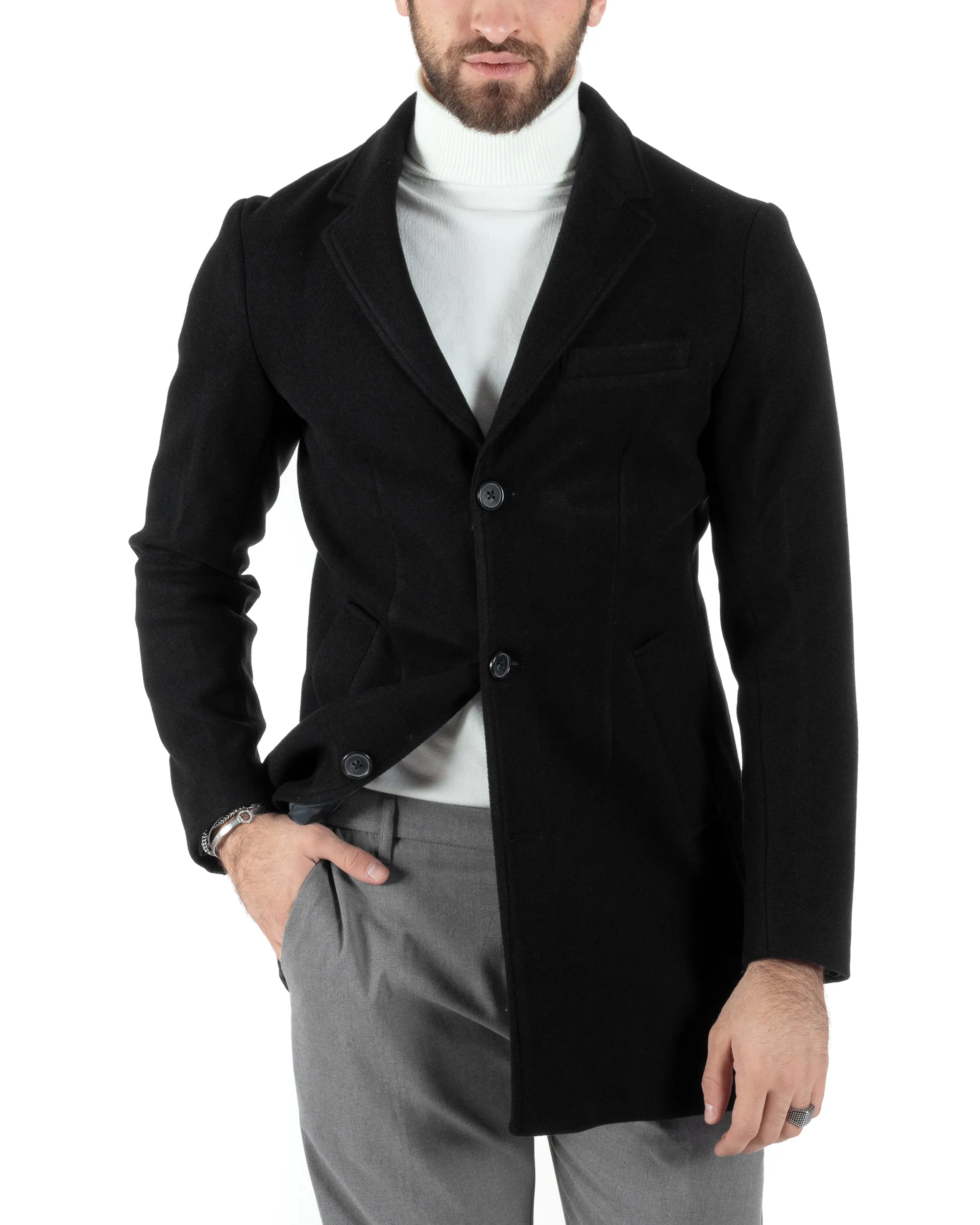 Cappotto Monopetto Uomo Giacca Colletto Reverse Giaccone Tinta Unita Nero Baronetto Elegante GIOSAL-CO1002A