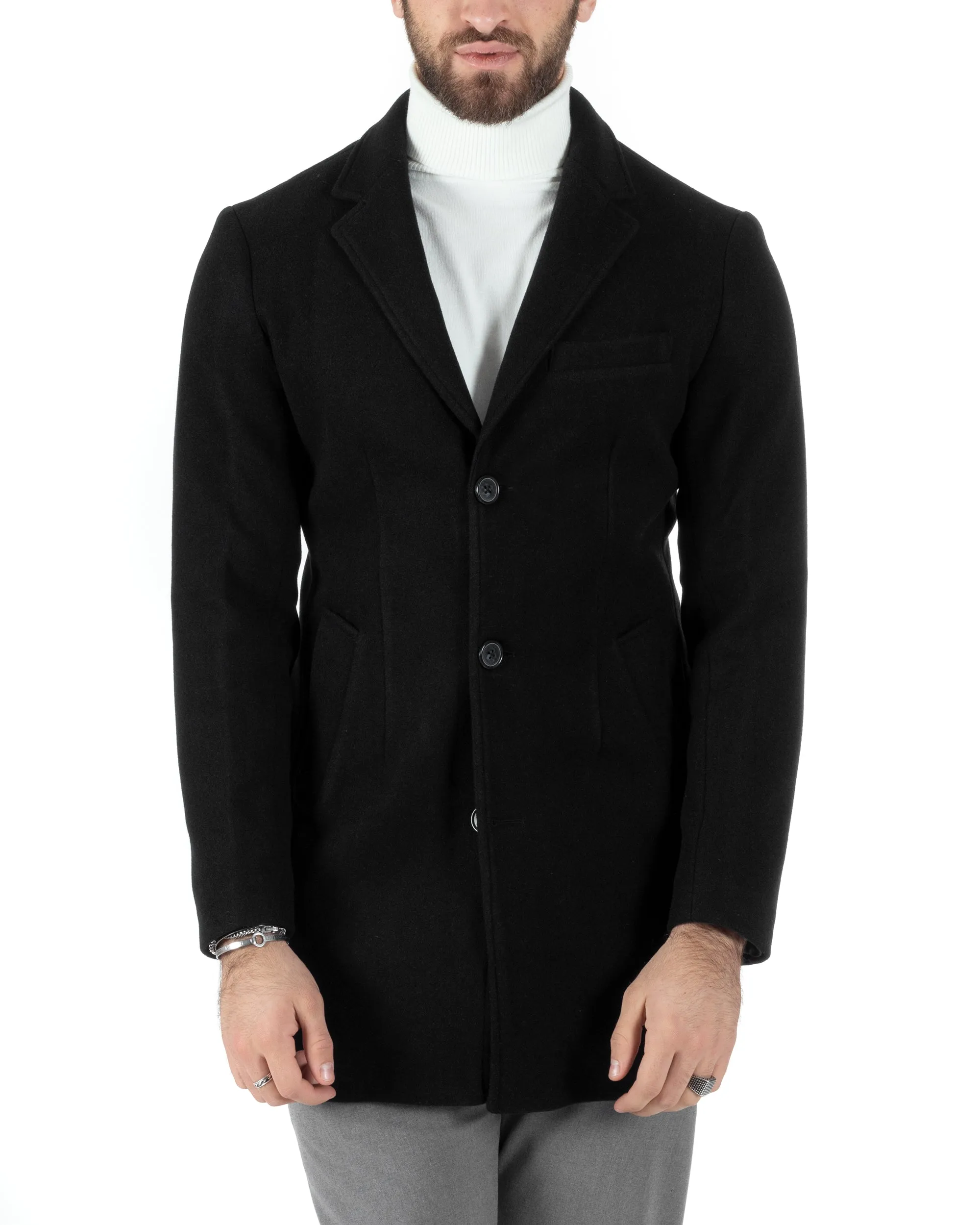 Cappotto Monopetto Uomo Giacca Colletto Reverse Giaccone Tinta Unita Nero Baronetto Elegante GIOSAL-CO1002A