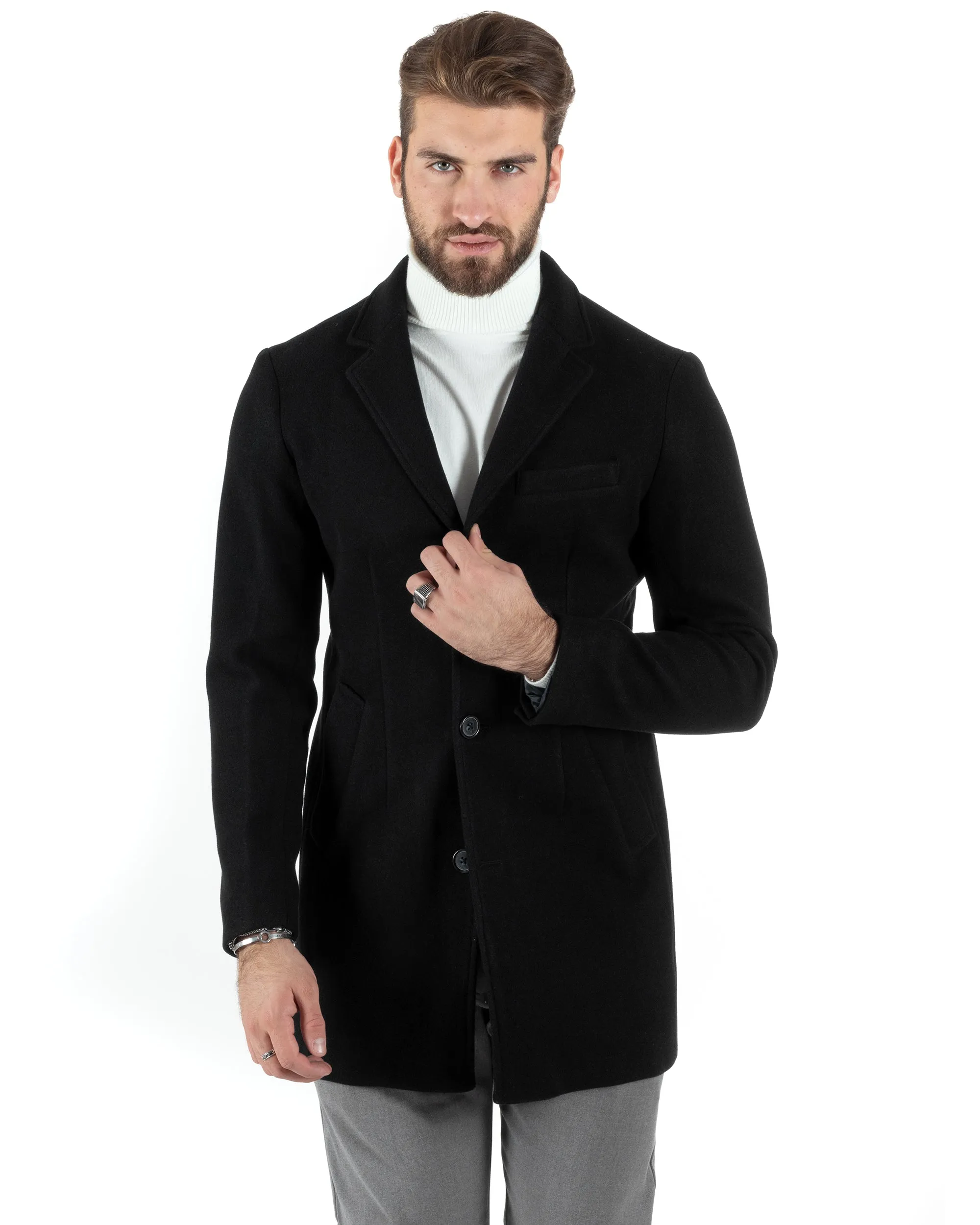 Cappotto Monopetto Uomo Giacca Colletto Reverse Giaccone Tinta Unita Nero Baronetto Elegante GIOSAL-CO1002A