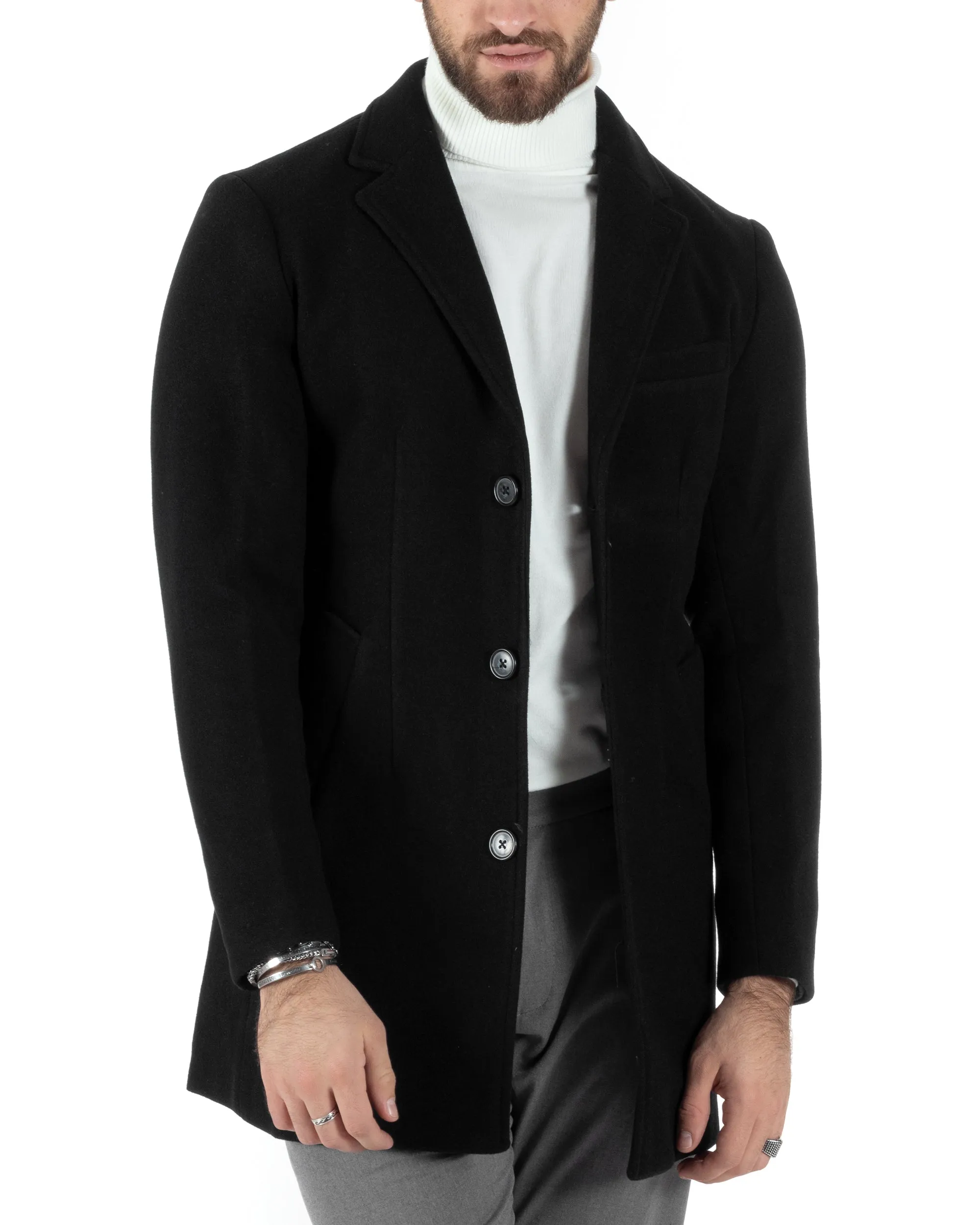 Cappotto Monopetto Uomo Giacca Colletto Reverse Giaccone Tinta Unita Nero Baronetto Elegante GIOSAL-CO1002A