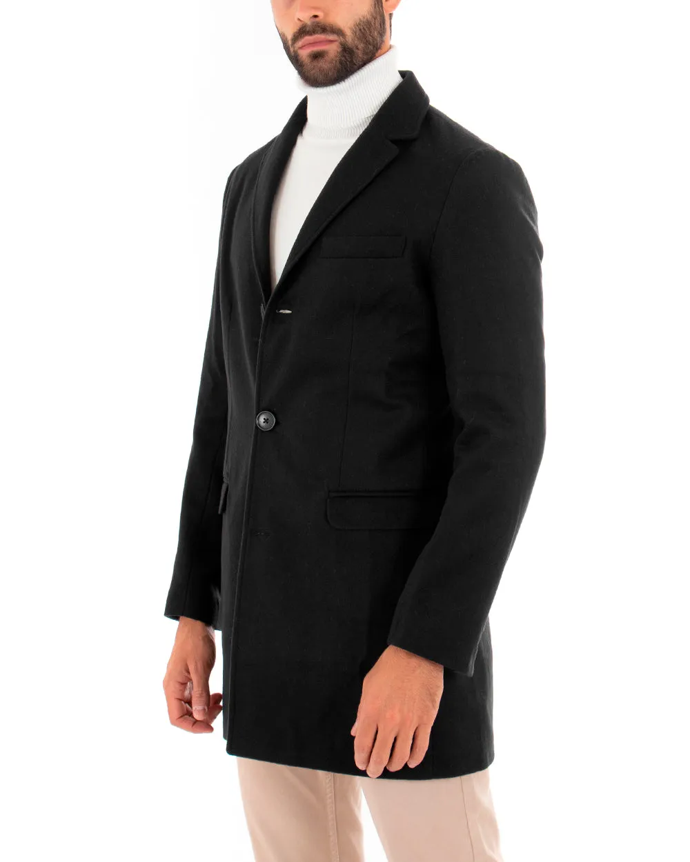 Cappotto Monopetto Uomo Giacca Colletto Reverse Giaccone Tinta Unita Nero Baronetto Elegante GIOSAL-CO1035A