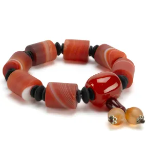 Carnelian & Black Agate Gemstone Elastic Bracelet with Tassel