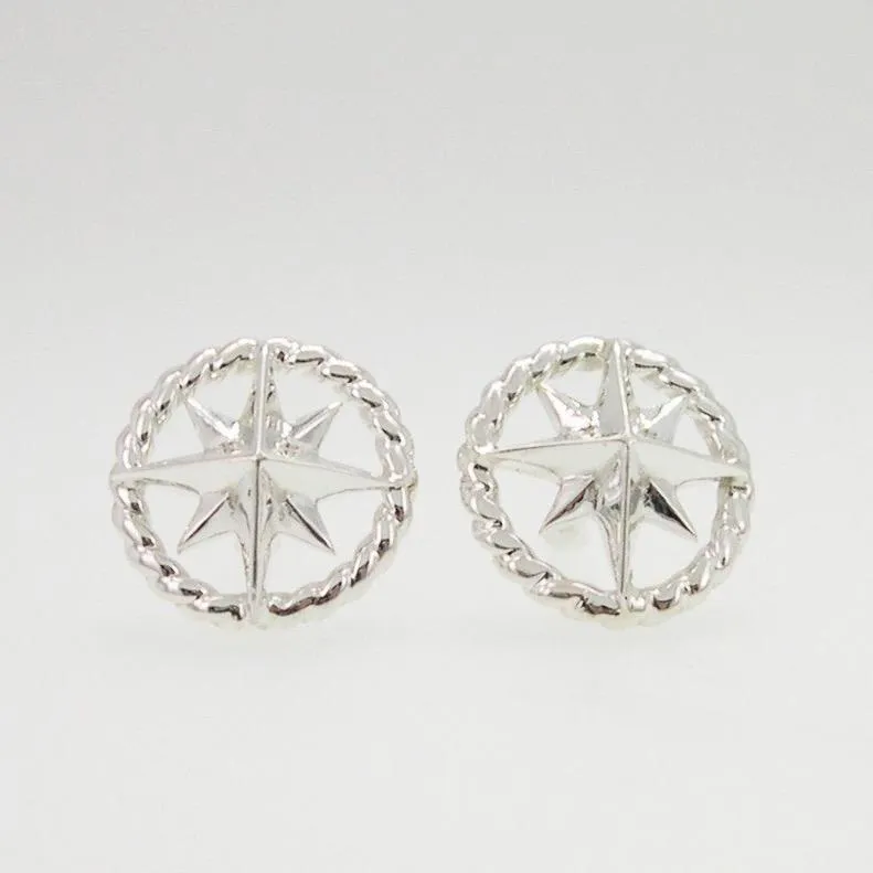 Compass Rose Medium Sterling Silver Rope Rim Stud Earrings