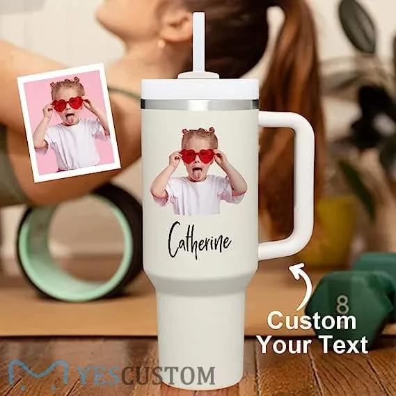 Custom Your Photo & Text Personalized 40oz Stainless Steel Travel Mug with Handle and Straw Lid Large Capacity Car Cup