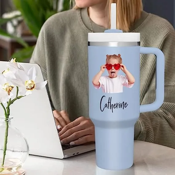 Custom Your Photo & Text Personalized 40oz Stainless Steel Travel Mug with Handle and Straw Lid Large Capacity Car Cup