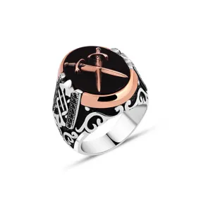 Double Sword on Black Ellipse Onyx Stone Silver Men's Ring Siding Braid Pattern and Zircons