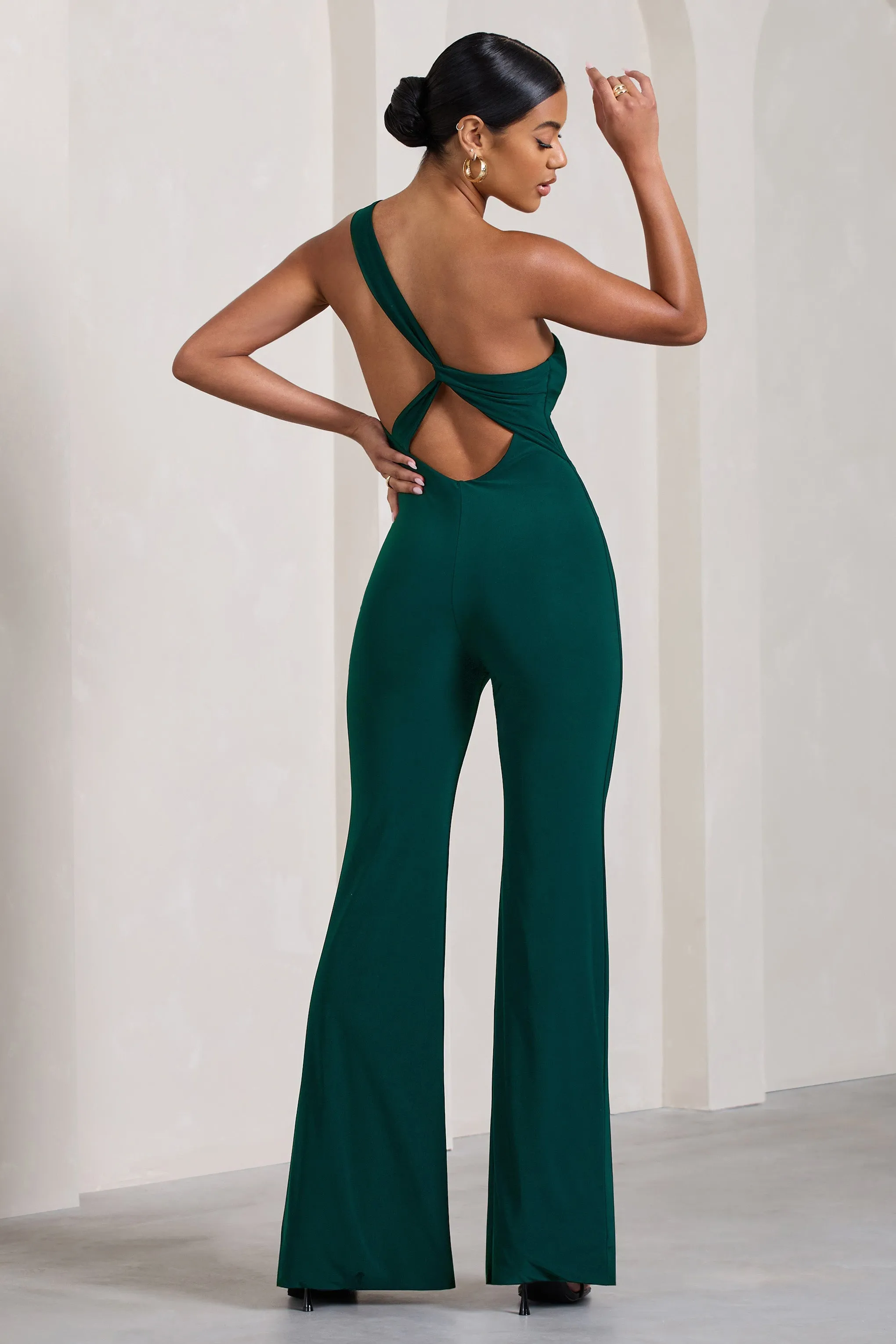 In The Dark | Bottle Green Sleeveless Asymmetric Flared-Leg Jumpsuit