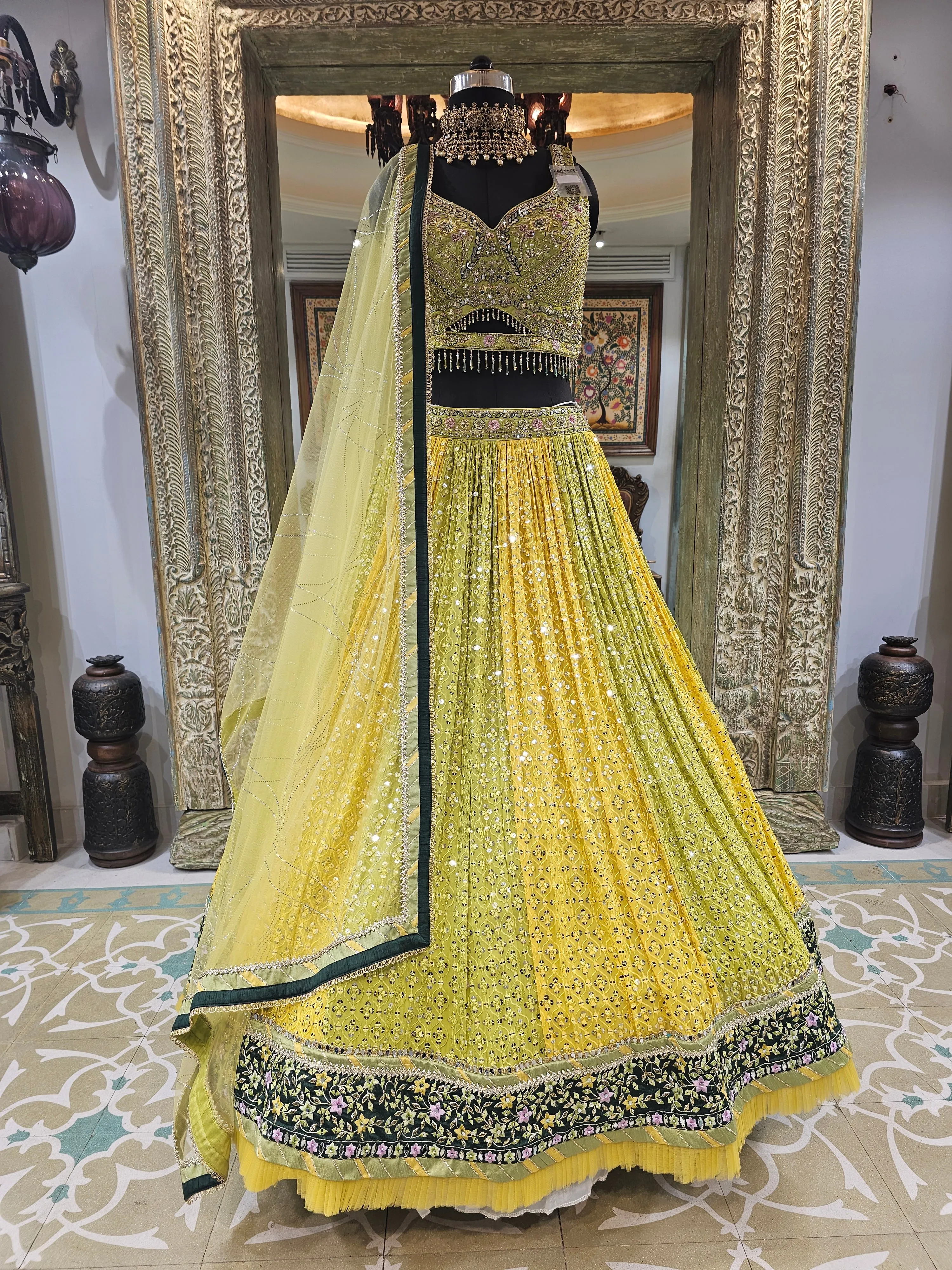 Lehenga Choli with Yellow and Green Kalis