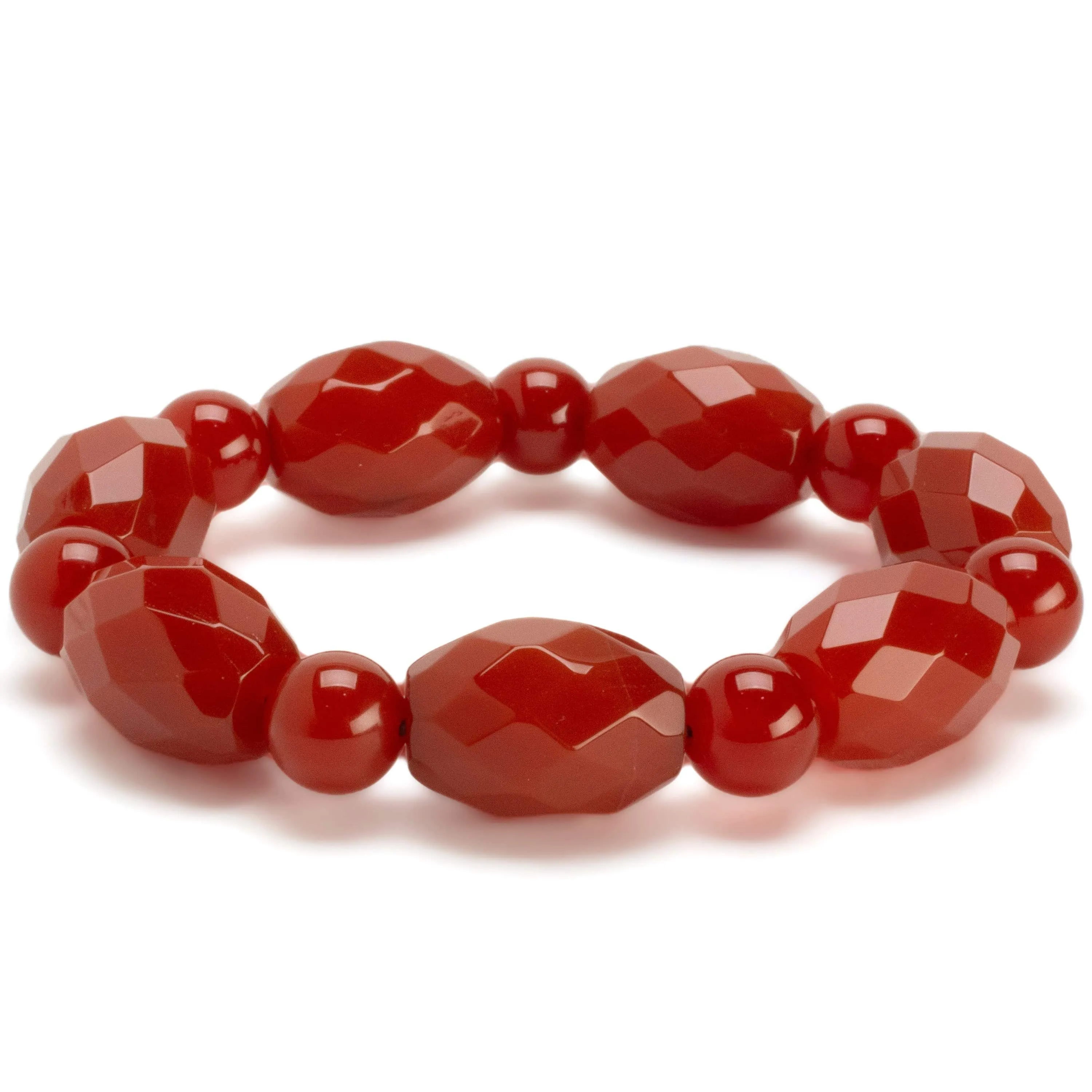 Natural Carnelian Faceted Oval & Round Bead Gemstone Elastic Bracelet