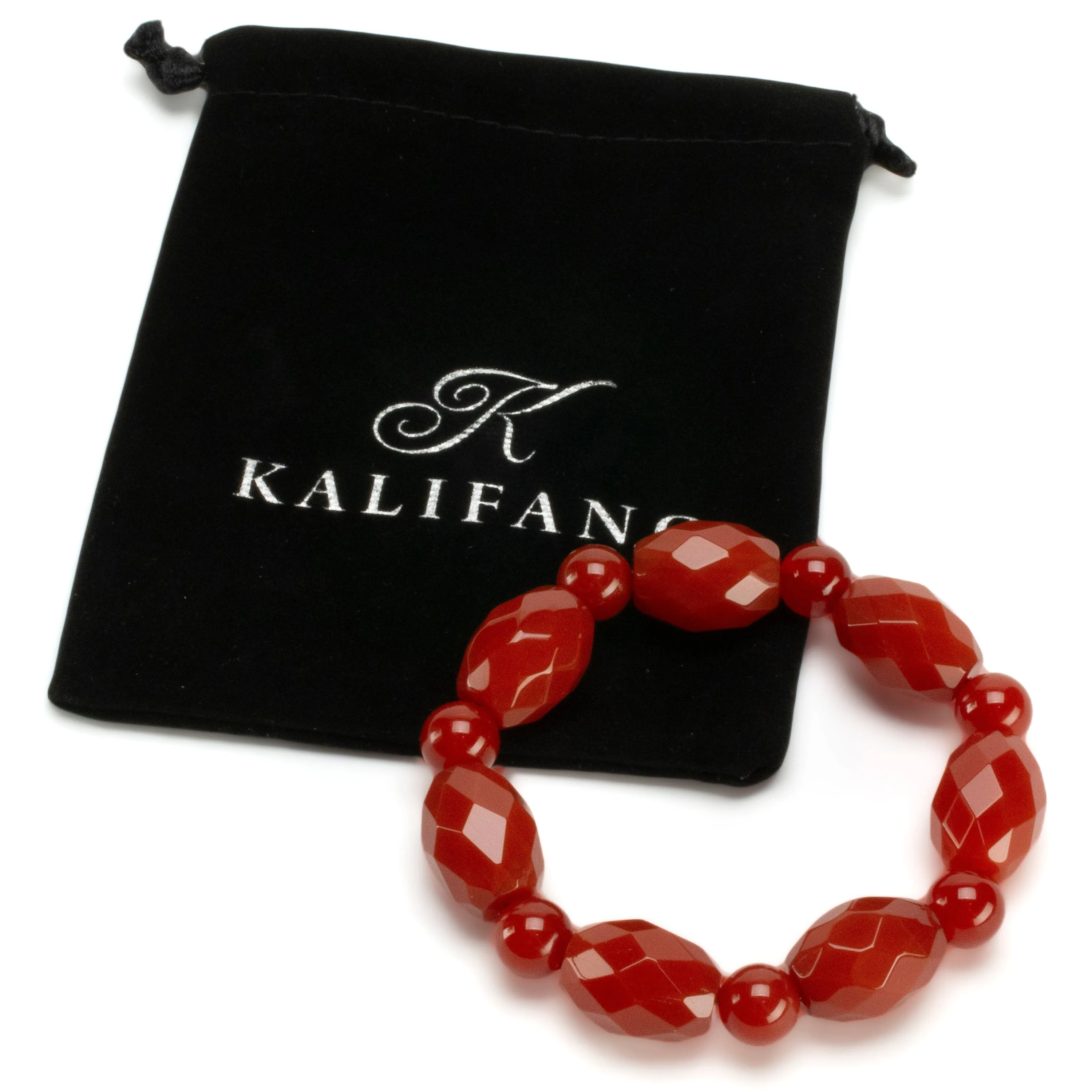 Natural Carnelian Faceted Oval & Round Bead Gemstone Elastic Bracelet