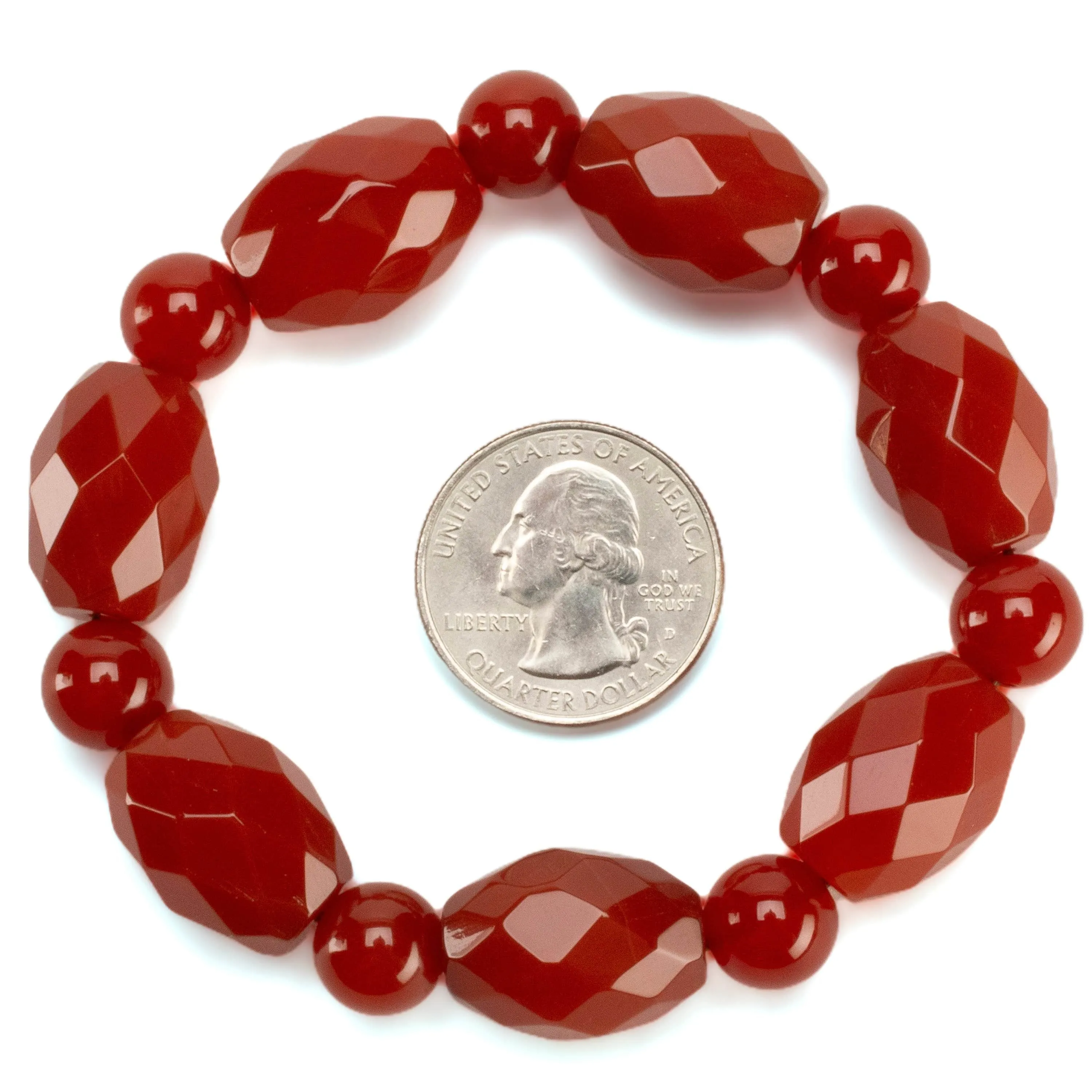 Natural Carnelian Faceted Oval & Round Bead Gemstone Elastic Bracelet