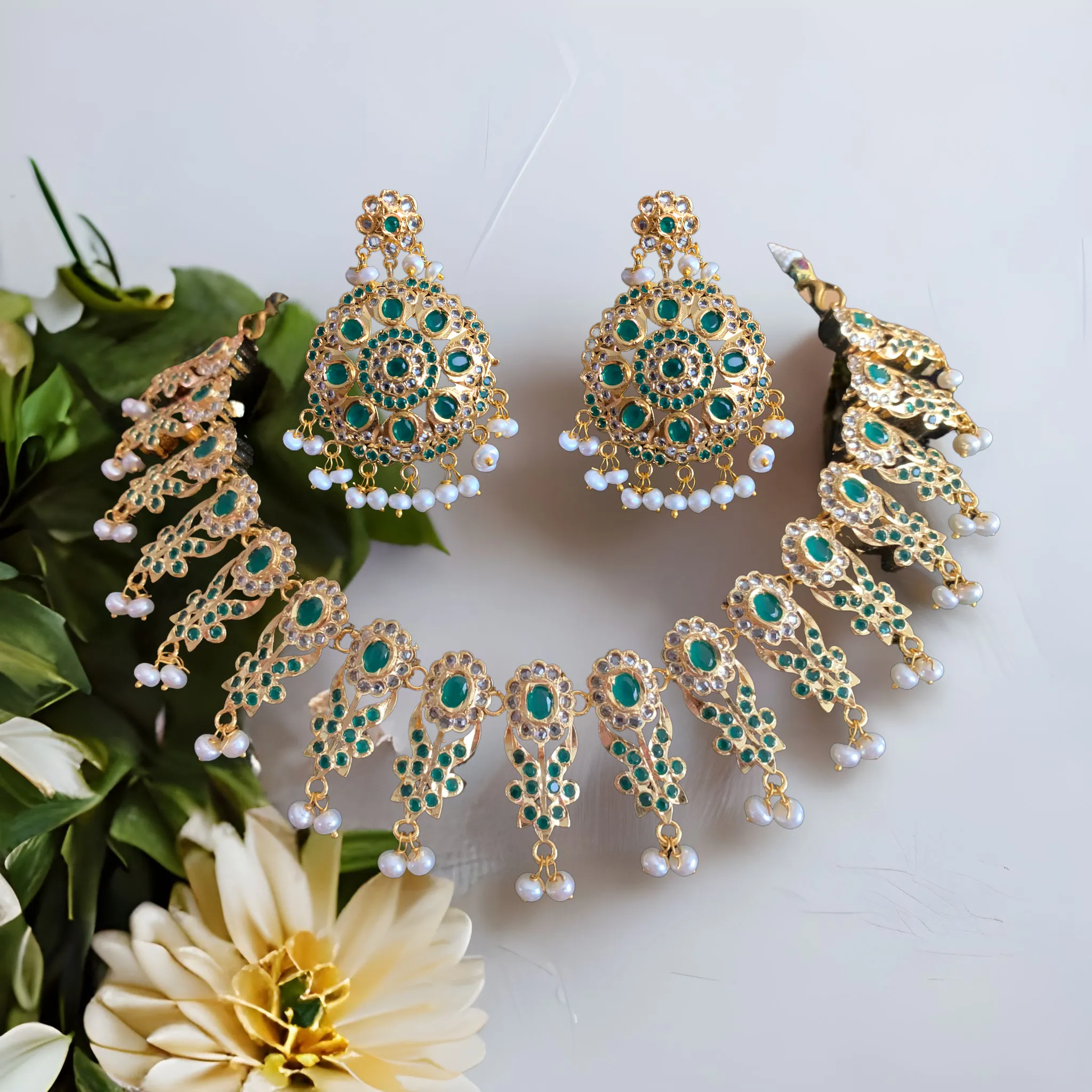 NS349 Simeon gold plated Hyderabadi necklace in fresh water pearls ( SHIPS IN 4 WEEKS )