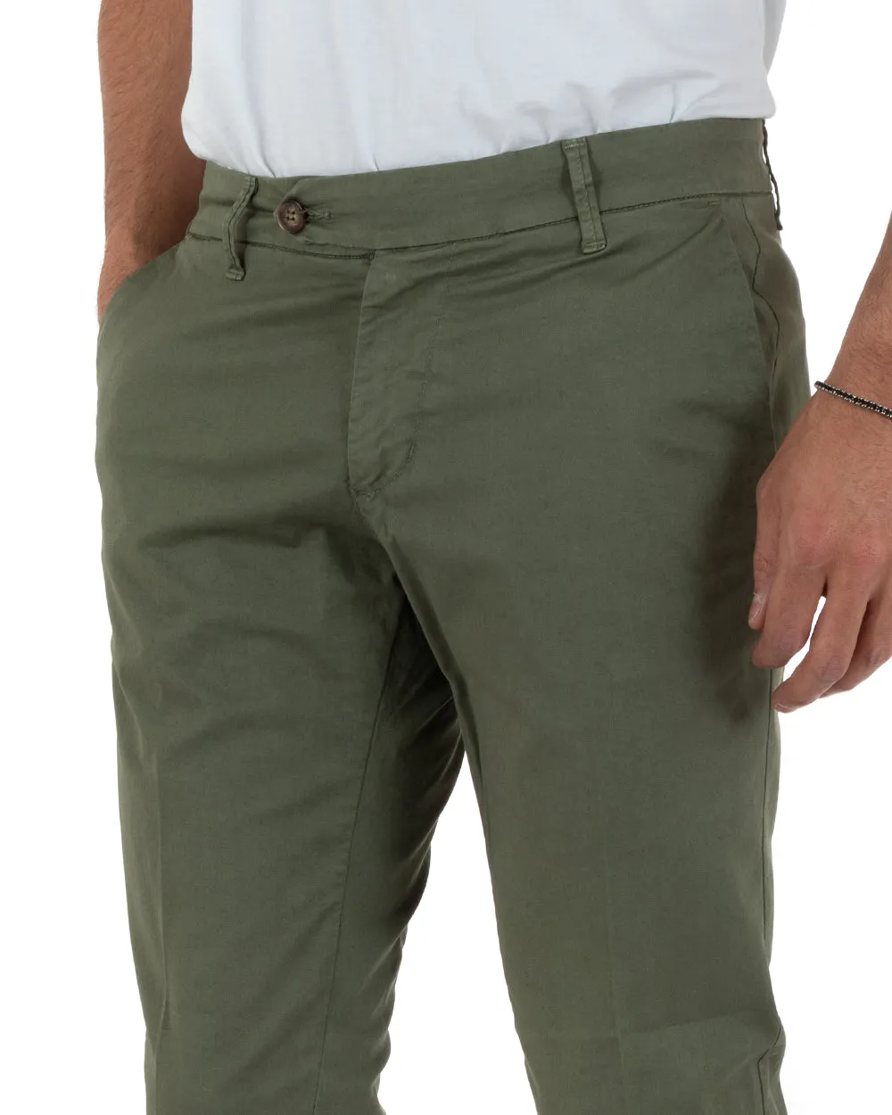 Pantaloni Uomo Cotone Tasca America Abbottonatura Allungata Capri Sartoriale Verde GIOSAL-P5687A