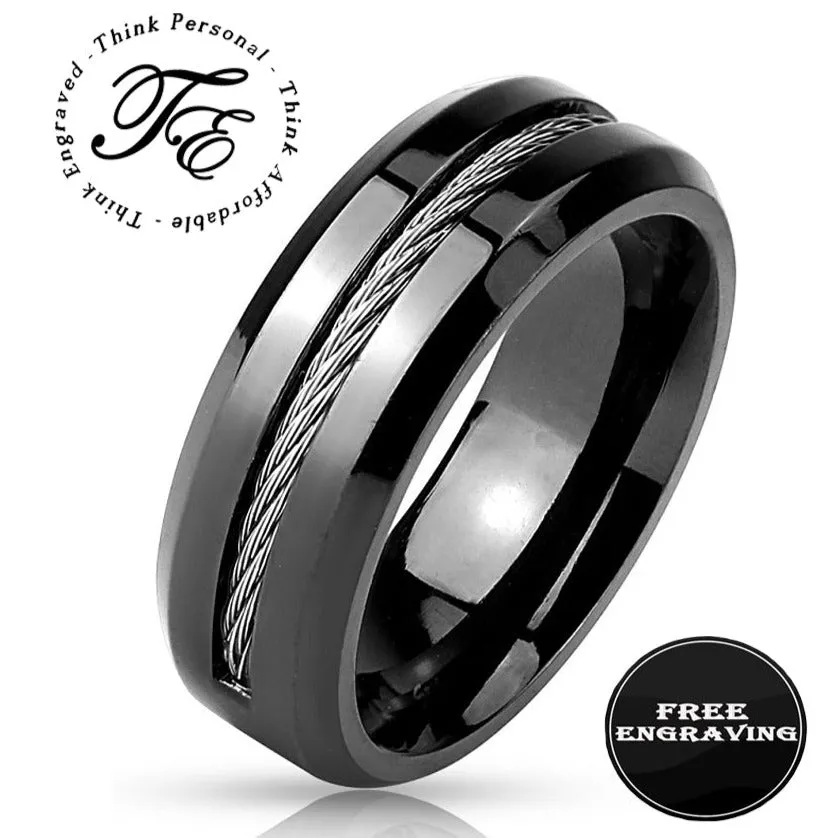 Personalized Engraved Wire Cable Wedding Ring For Men - Handwriting Ring