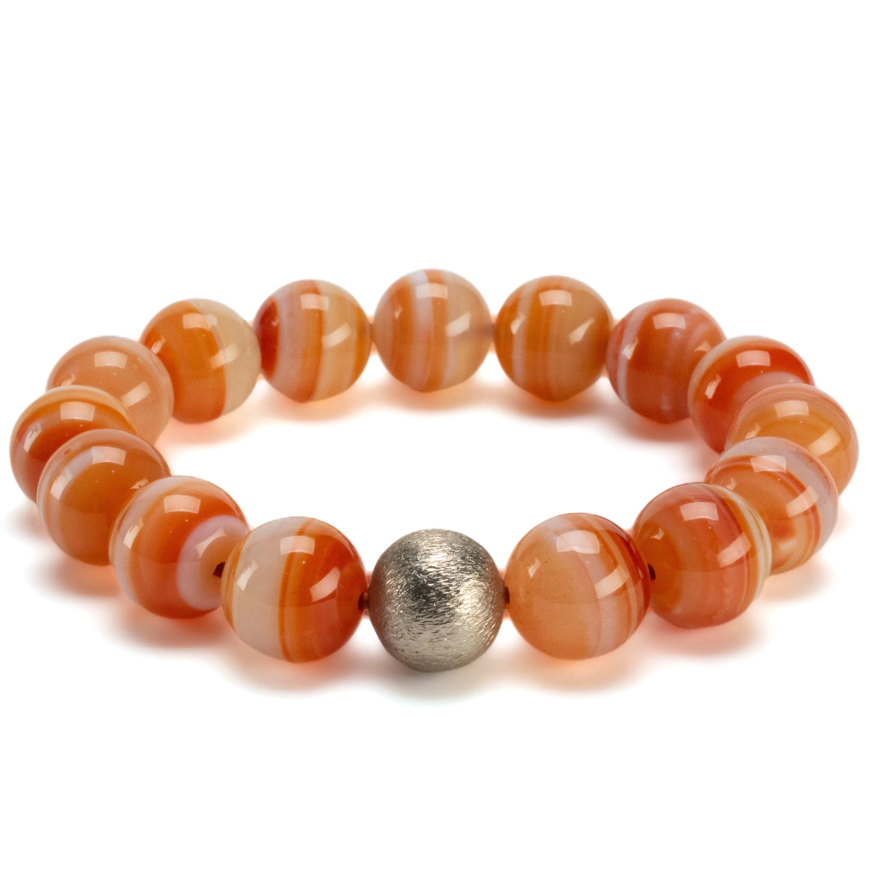 Polished Banded Carnelian 12mm Gemstone Bead Elastic Bracelet with Matte Silver Accent Bead