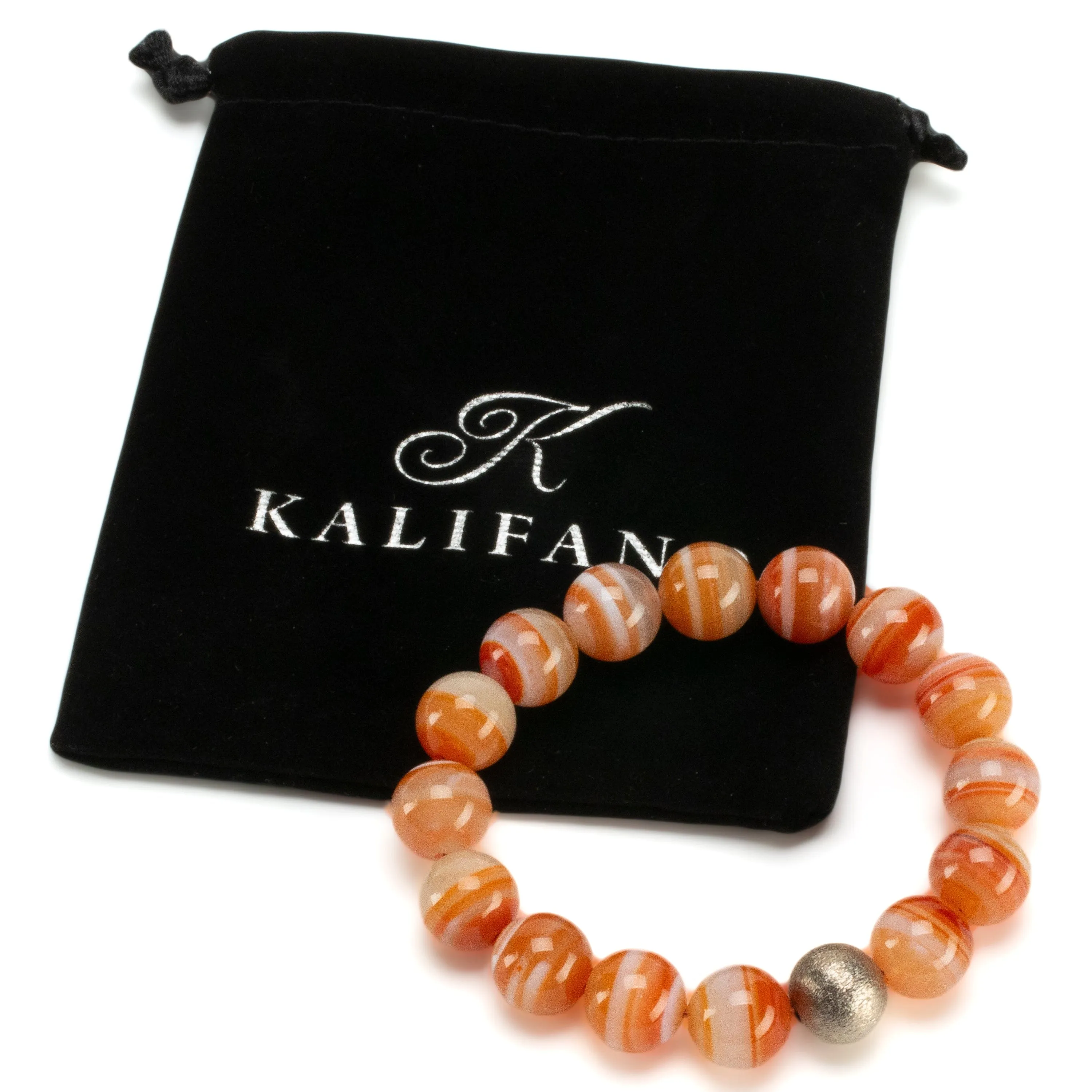 Polished Banded Carnelian 12mm Gemstone Bead Elastic Bracelet with Matte Silver Accent Bead