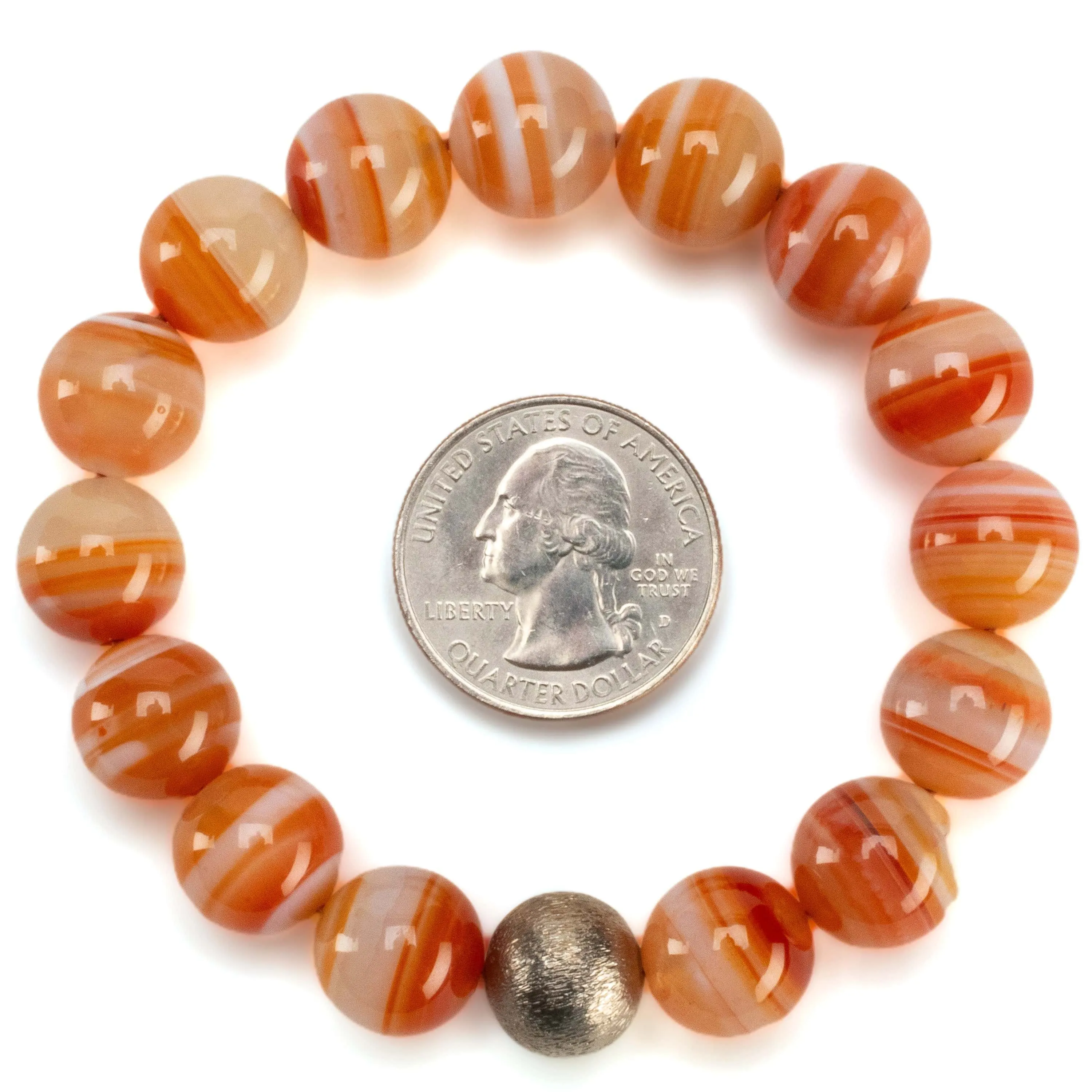 Polished Banded Carnelian 12mm Gemstone Bead Elastic Bracelet with Matte Silver Accent Bead