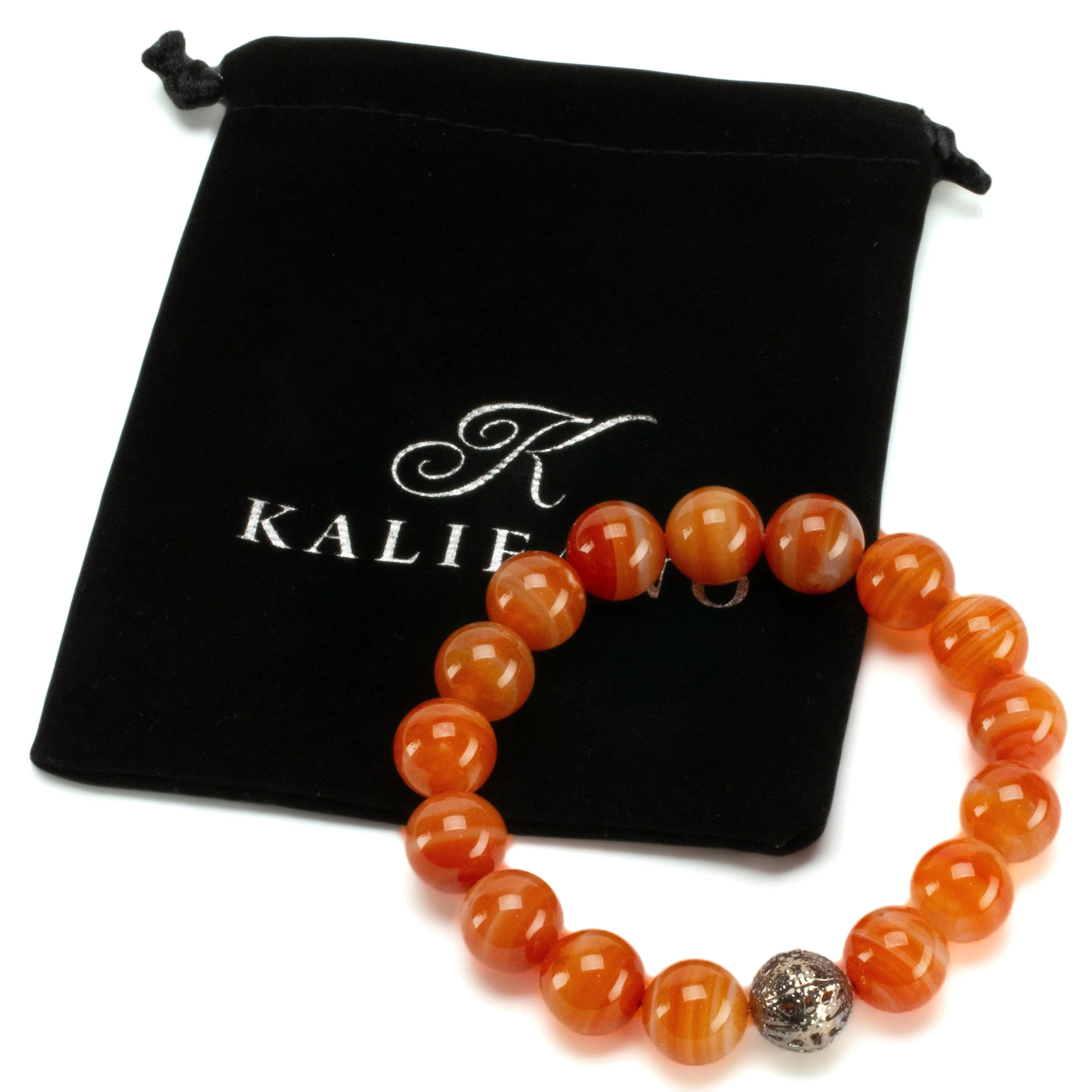 Polished Banded Carnelian 12mm Gemstone Bead Elastic Bracelet with Silver Accent Bead