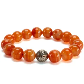 Polished Banded Carnelian 12mm Gemstone Bead Elastic Bracelet with Silver Accent Bead