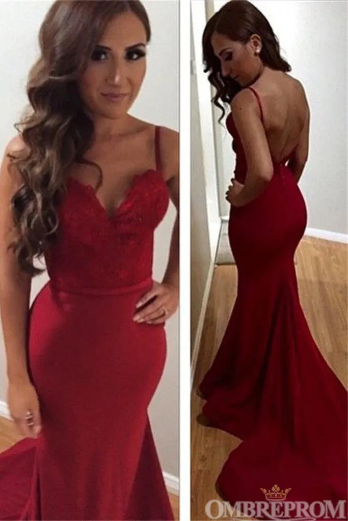 Red Spaghetti Straps V Neck Backless Long Mermaid Prom Dresses