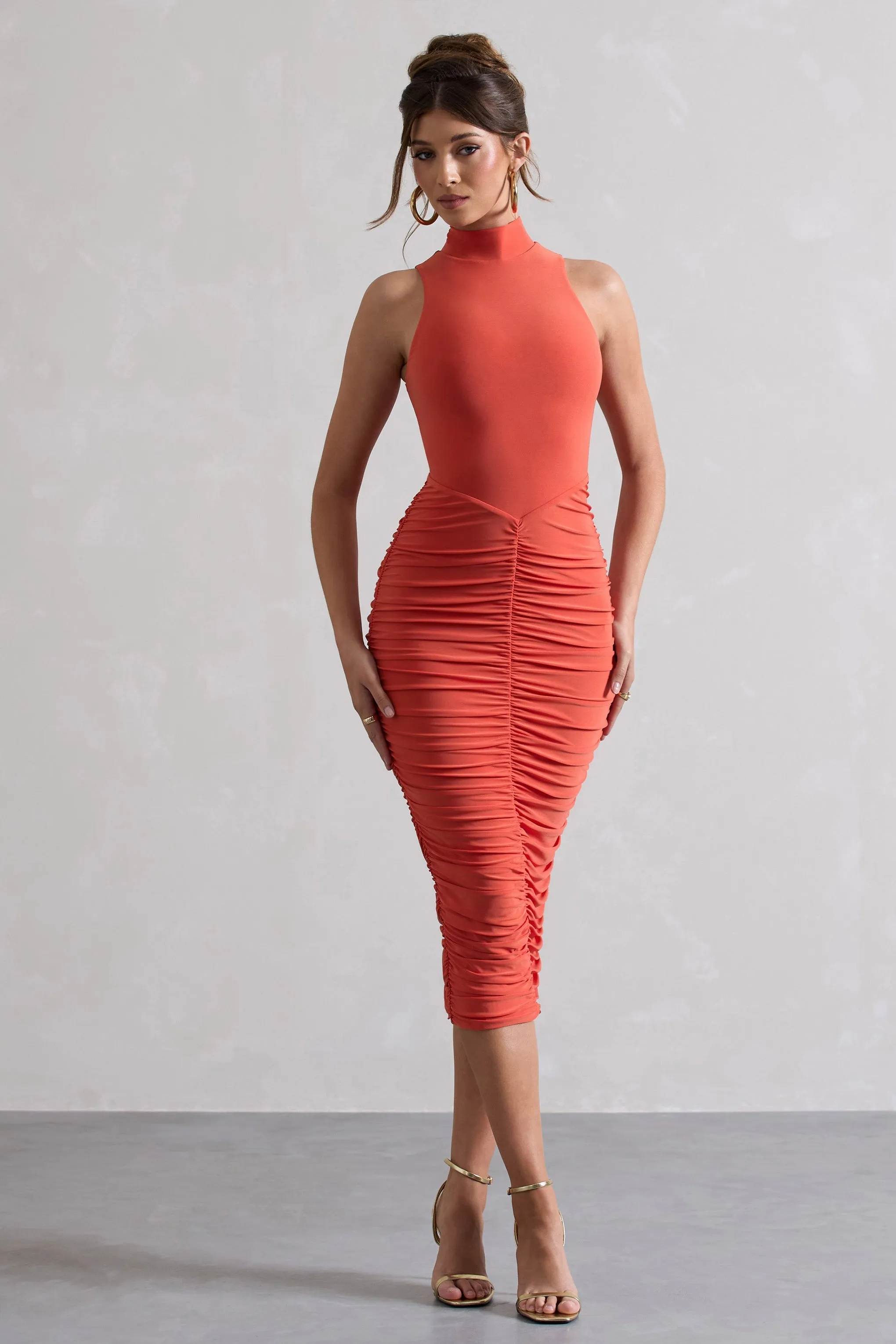 Sidnie | Orange Ruched Bodycon High-Neck Midi Dress