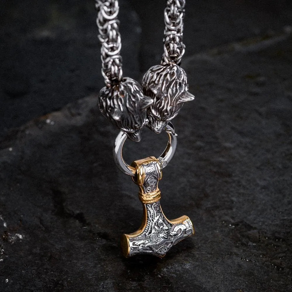 Stainless Steel Dual Color Mjolnir on Woven Stainless Steel Kings Chain