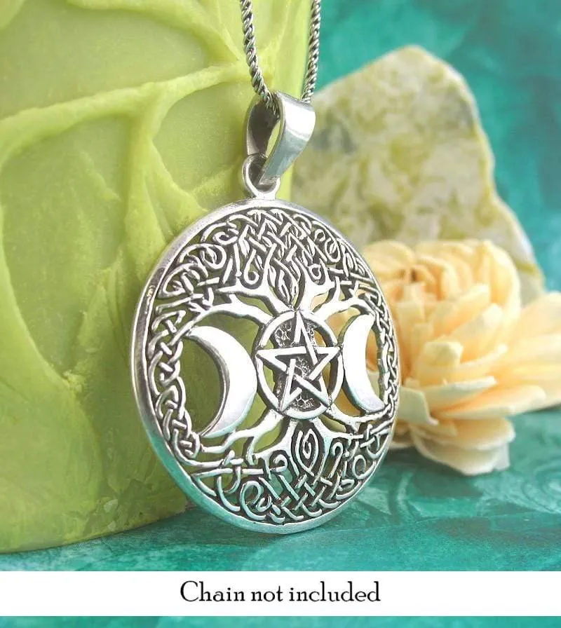 Triple Moon Goddess Tree of Life Pentacle Pendant