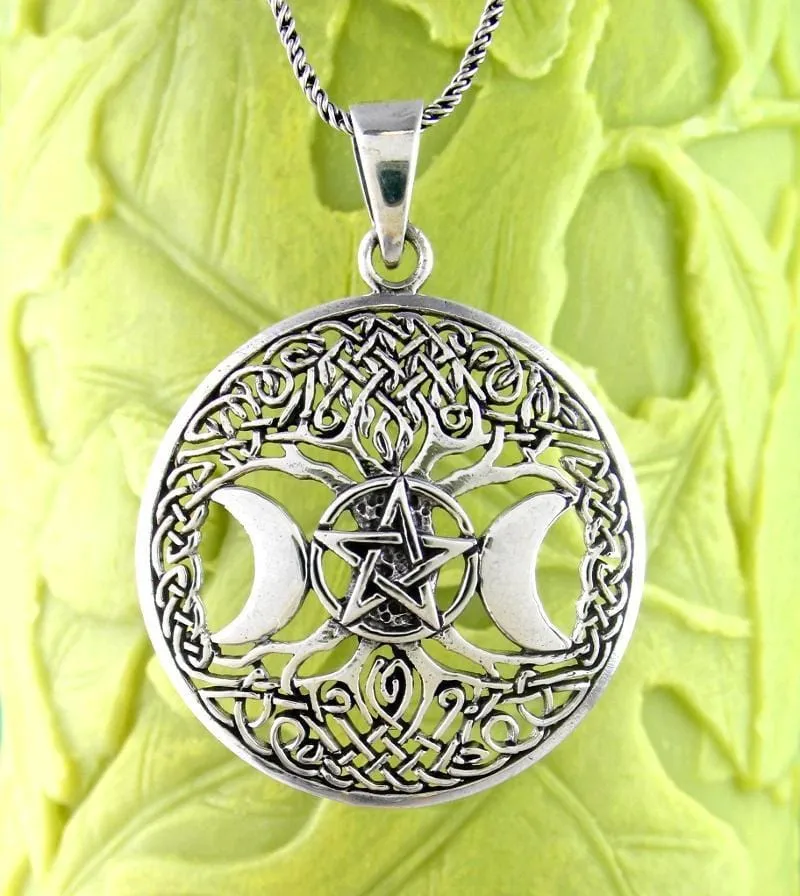 Triple Moon Goddess Tree of Life Pentacle Pendant